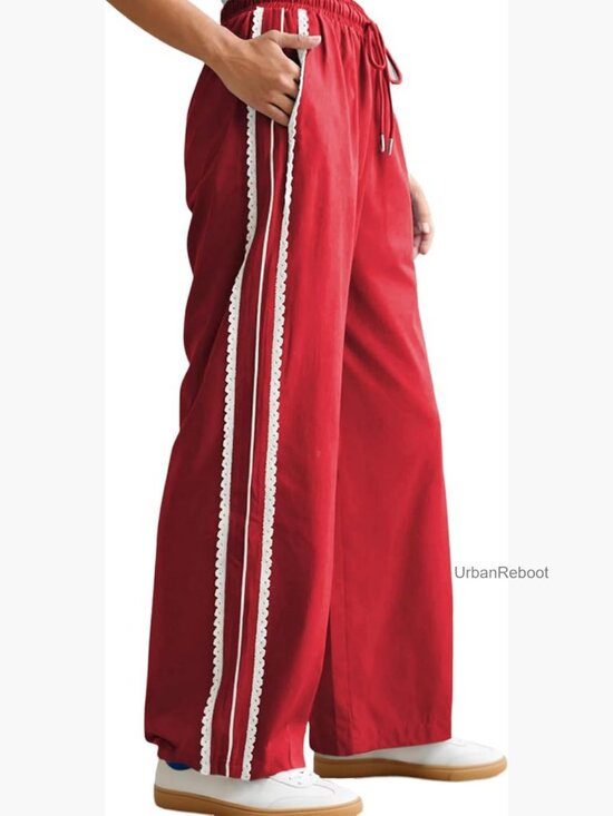Pants - Wide Leg Striped Sweatpants with Pockets Drawstring Waist Casual Lounge Palazzo